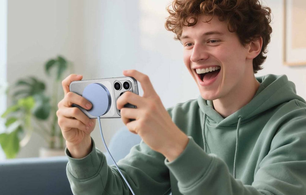 Mężczyzna gra na telefonie podłączonym do Ładowarki indukcyjnej Ugreen MagFlow